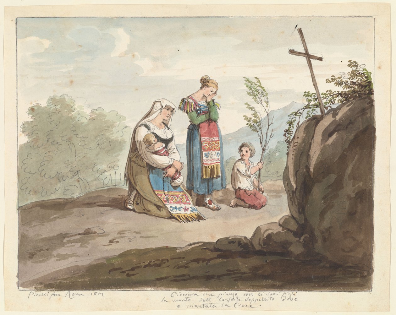 Bondkvinna med sina barn som gråter framför en gravplats med ett kors, illustration till boken ”Romerska dräkter och seder” av Bartolomeo Pinelli