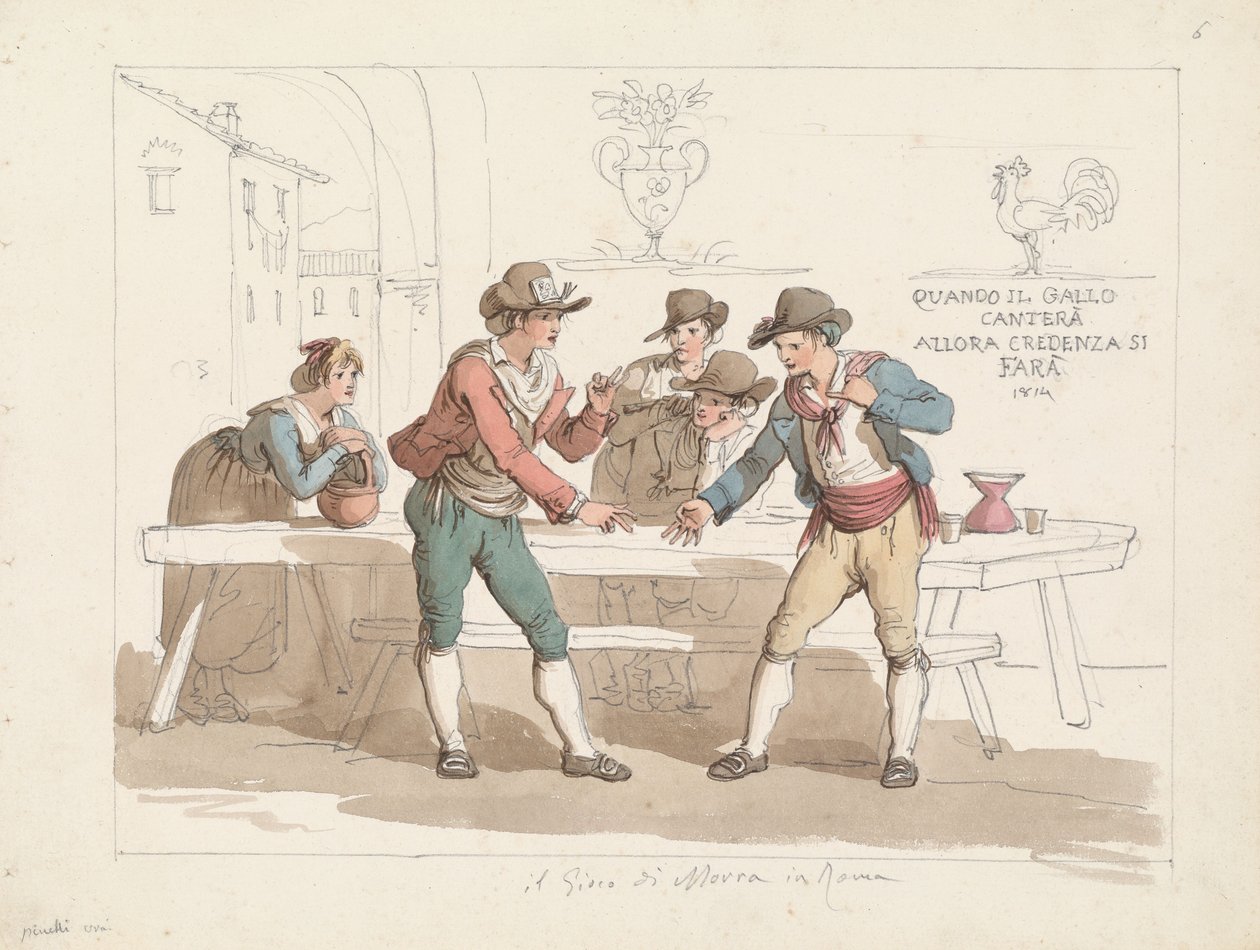Spelet ”Morra” i en romersk osteria, illustration till boken ”Romerska dräkter och seder” av Bartolomeo Pinelli