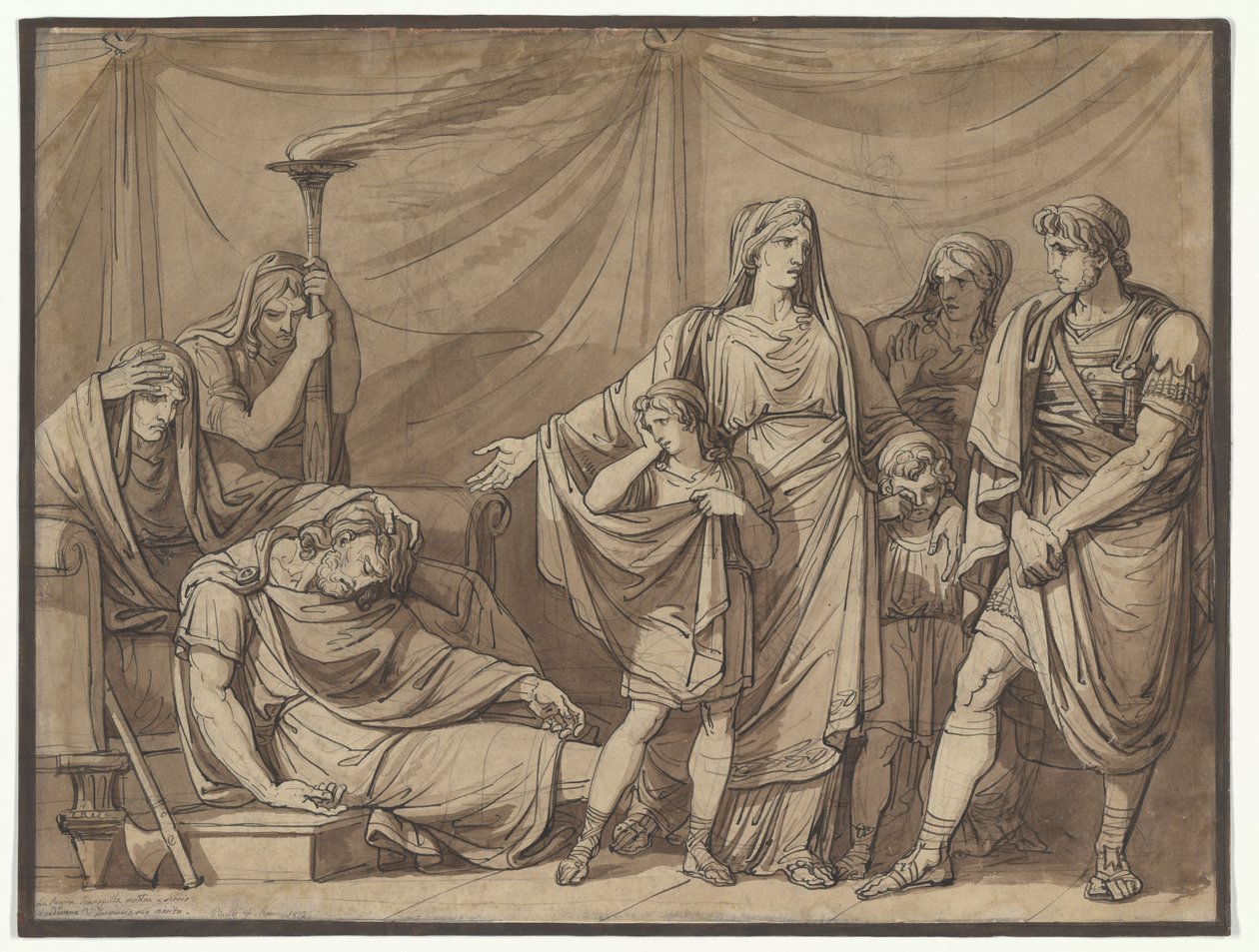 Drottning Tranquilla får se sin make Tarquins lik, illustration till Charles Rollins *Istoria Romana* av Bartolomeo Pinelli