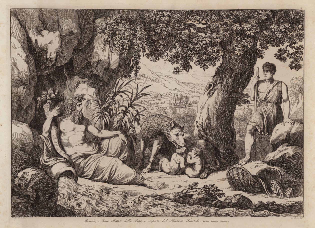 Romulus och Remus ammas av varghonan och upptäcks av herden Faustulus (etsning) av Bartolomeo Pinelli