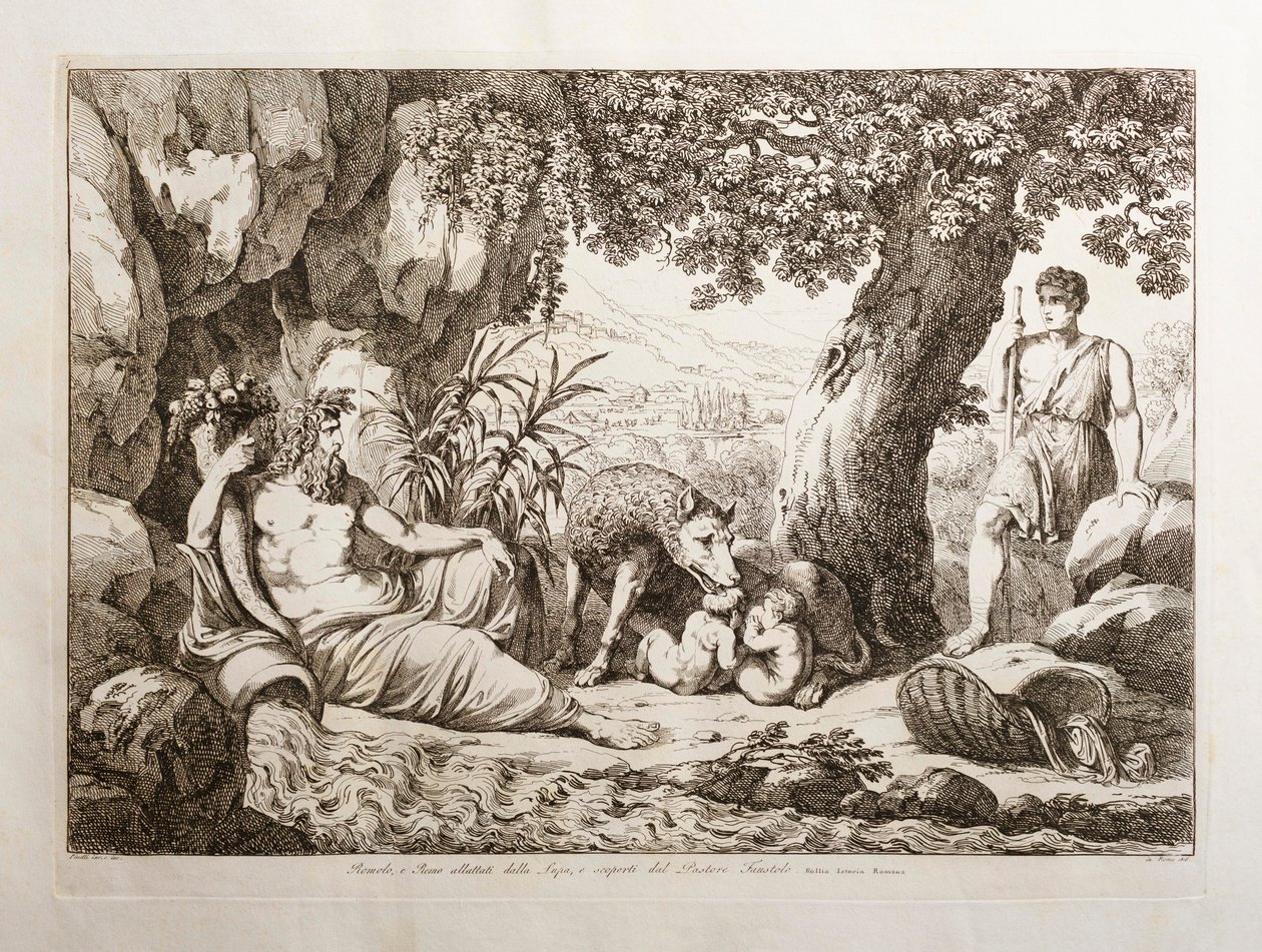 Romulus och Remus ammade av varginnan av Bartolomeo Pinelli