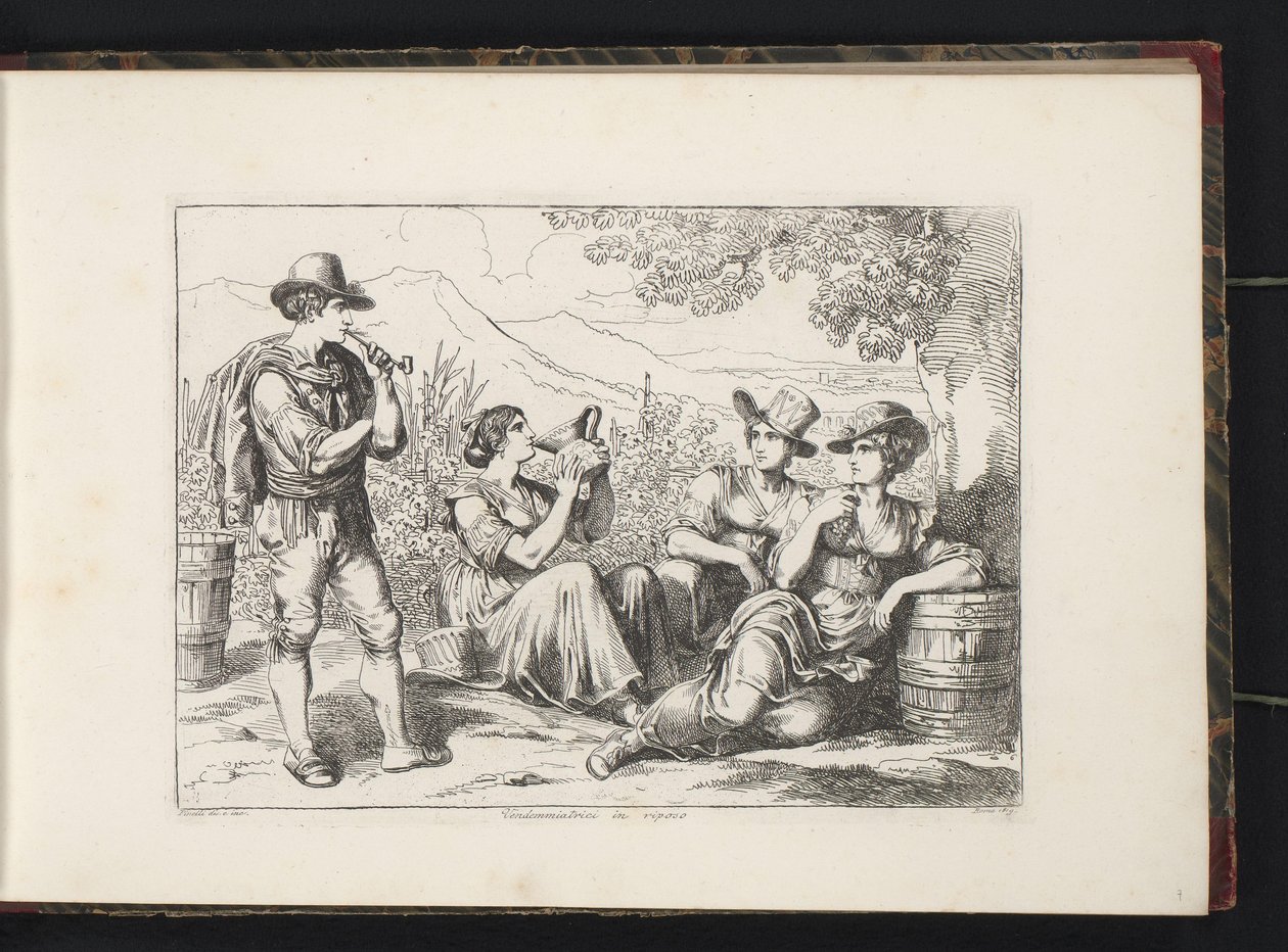 Vilande vindrickare Vendemiatrici in riposo (titel på objekt) Kostymtryck med figurer från Rom med omnejd (serietitel) Nuova raccolta di cinquanta costumi de contorni di Roma (serietitel) av Bartolomeo Pinelli