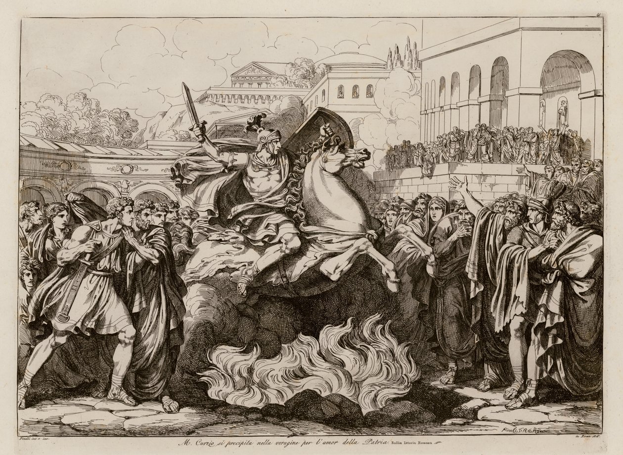 Marcus Curtius offerdöd (etsning) av Bartolomeo Pinelli