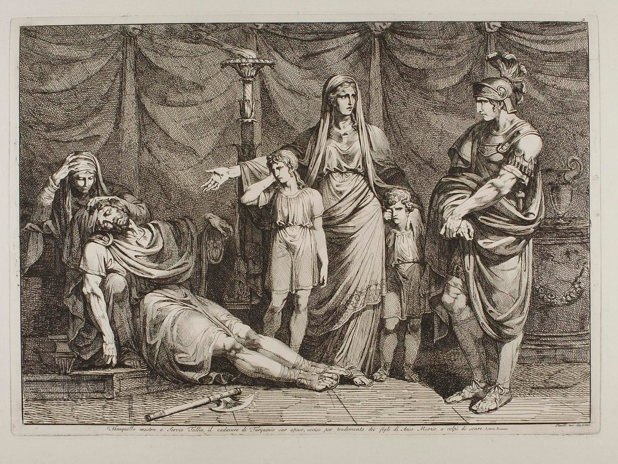 Tanaquilla visar upp Tarquinios lik för Servius Tullius av Bartolomeo Pinelli