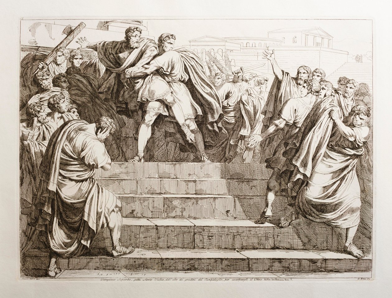 Tarquinius Superbus kastar Servius Tullius nedför Kapitoliums trappor av Bartolomeo Pinelli