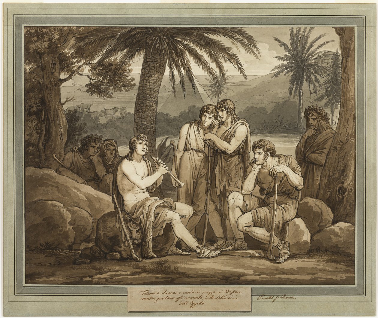 Telemachus spelar och sjunger för herdarna i Egypten, från Telemachos äventyr, bok 2 av Bartolomeo Pinelli