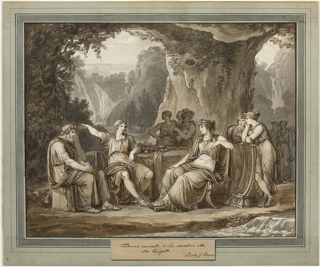 Telemachus relaterar sina äventyr till gudinnan Calypso, från Telemachos äventyr, bok 1 av Bartolomeo Pinelli