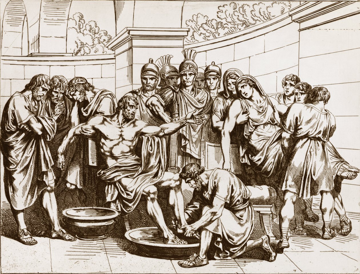 Den romerske filosofen Seneque (Lucius Annaeus Seneca, 4 f.Kr.-65 AD. JC), anklagad för att ha deltagit i en konspiration mot kejsar Neron, beordrades att begå självmord - gravyr av Bartolomeo Pinelli - Senecas död, gravyr av Bartolomeo Pinelli (1781) av Bartolomeo Pinelli