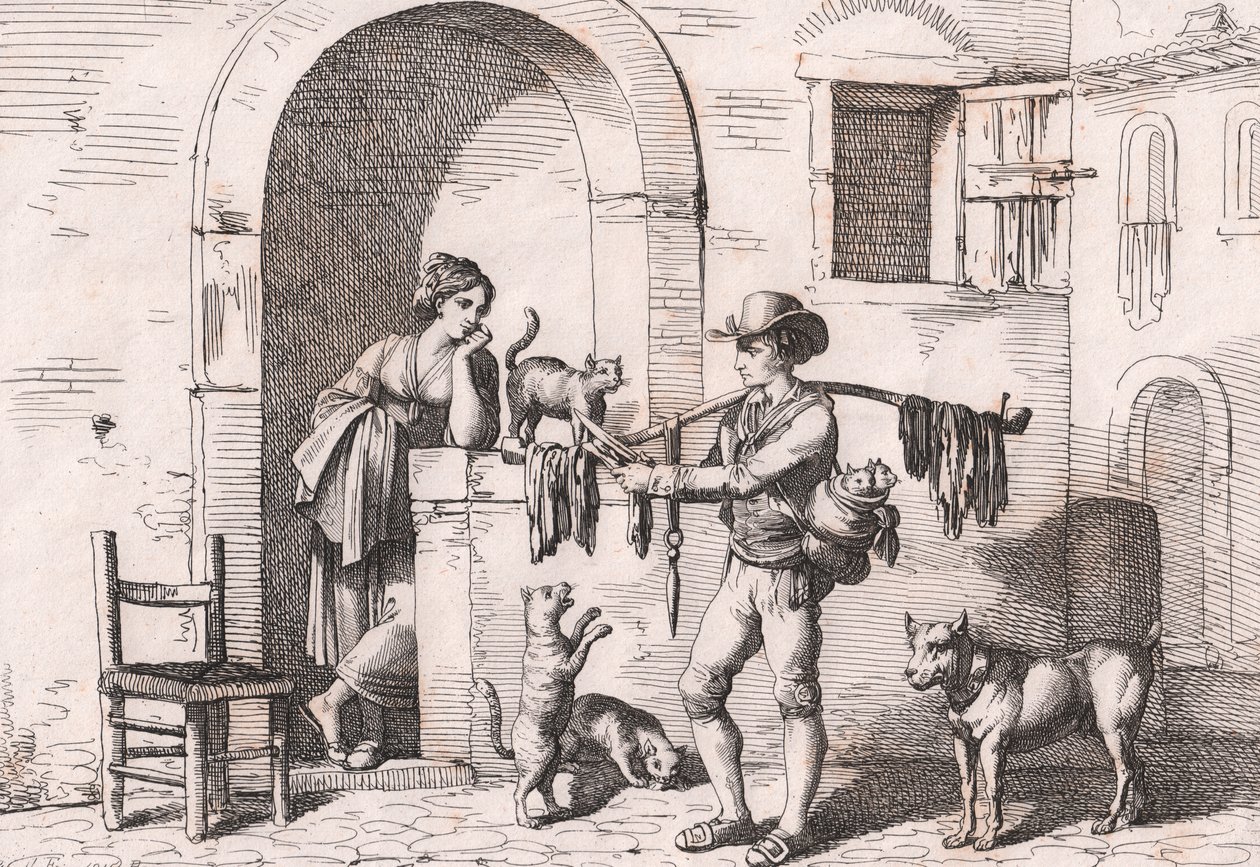 Carnacciaro, gatuförsäljare av kattkött, etsning av Bartolomeo Pinelli (Rom av Bartolomeo Pinelli