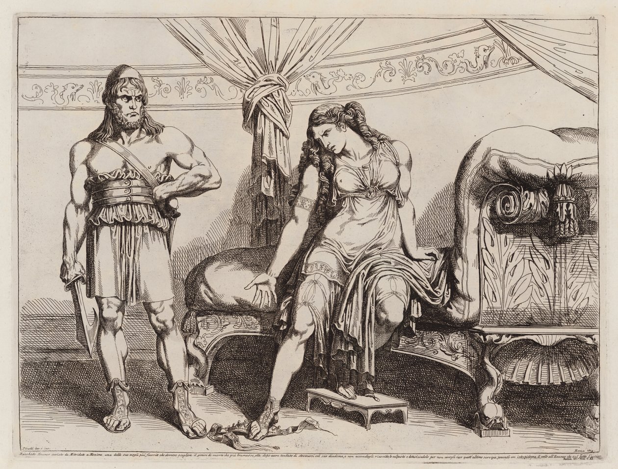 Eunucken Bacchides som Mithridates VI av Pontus skickade till sin fru Monime (etsning) av Bartolomeo Pinelli