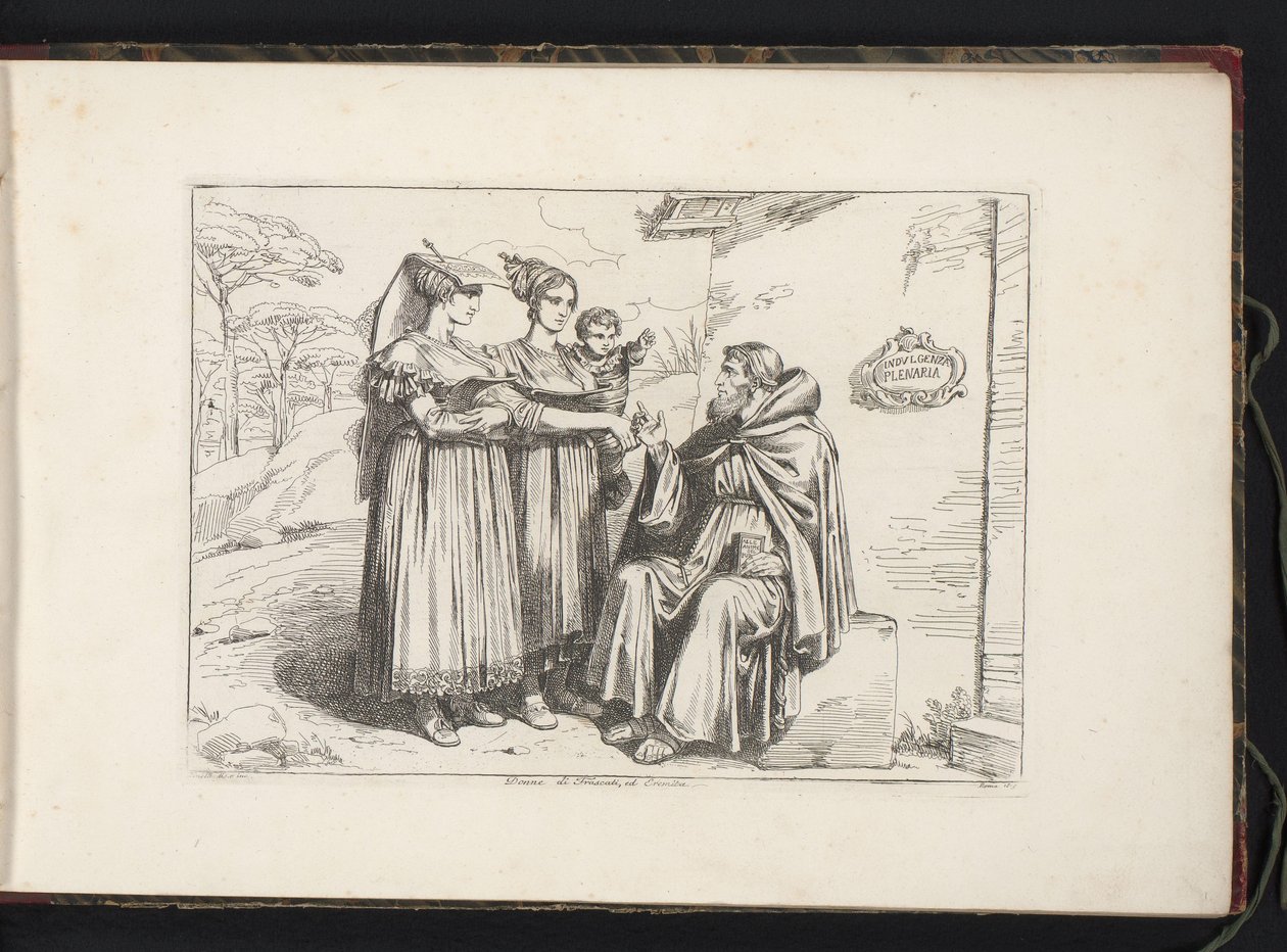 Två kvinnor från Frascati och en eremit Donne di Frascati, ed Eremita (titel på objekt) Kostymtryck med figurer från Rom med omnejd (serietitel) Nuova raccolta di cinquanta costumi de contorni di Roma (serietitel) av Bartolomeo Pinelli