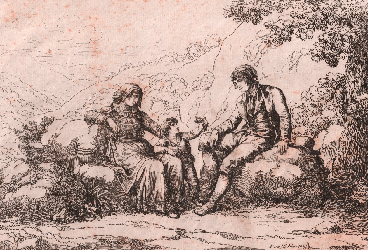 Två gemene man med en baby, Schiavi, Abruzzo, etsning av Bartolomeo Pinelli (Rom av Bartolomeo Pinelli