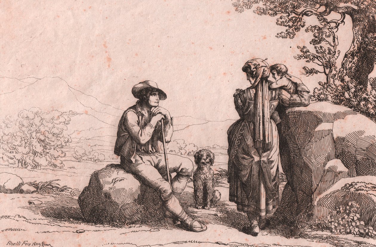 Två gemene man med en baby och en hund i Fraine, Abruzzo, etsning av Bartolomeo Pinelli (Rom av Bartolomeo Pinelli