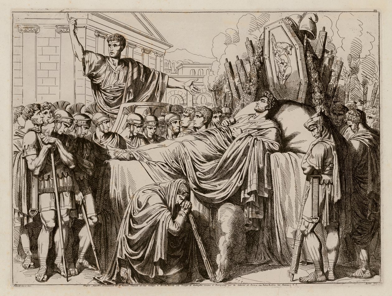 Valerius håller lovtal vid Brutus begravning, 509 f.Kr (etsning) av Bartolomeo Pinelli
