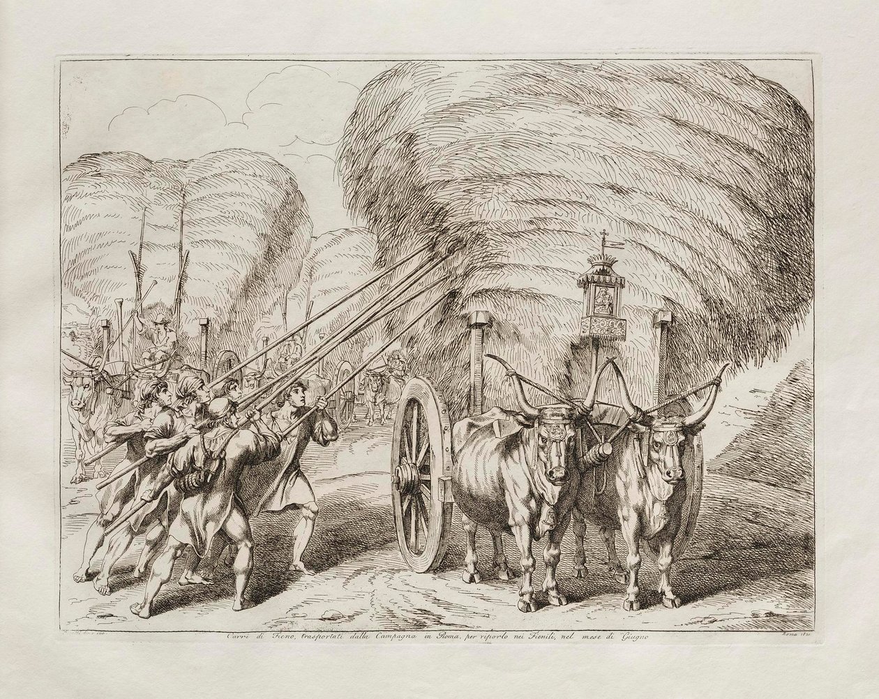 Vagnar med hö som transporterades från landsbygden till Rom för att föras till ladorna under juni månad av Bartolomeo Pinelli