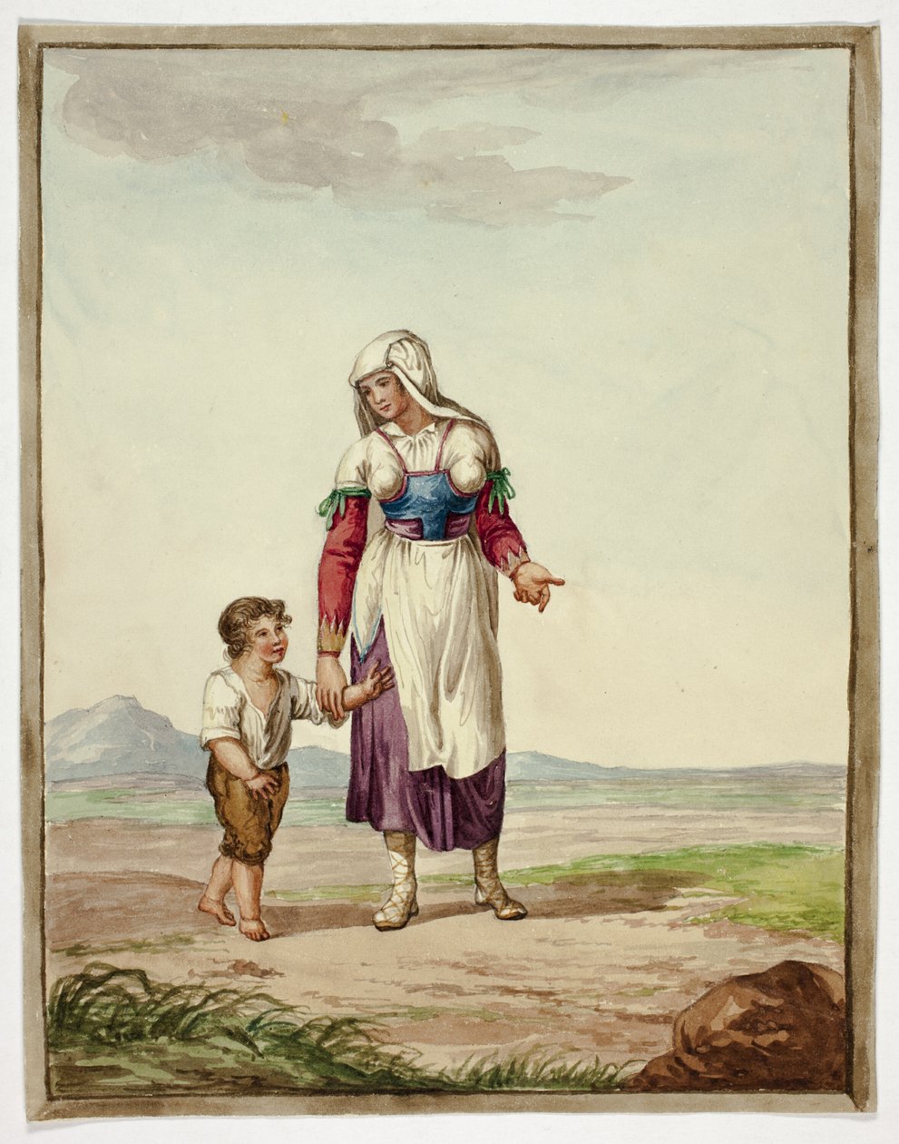 Kvinna i indiandräkt med pojke på väg av Bartolomeo Pinelli
