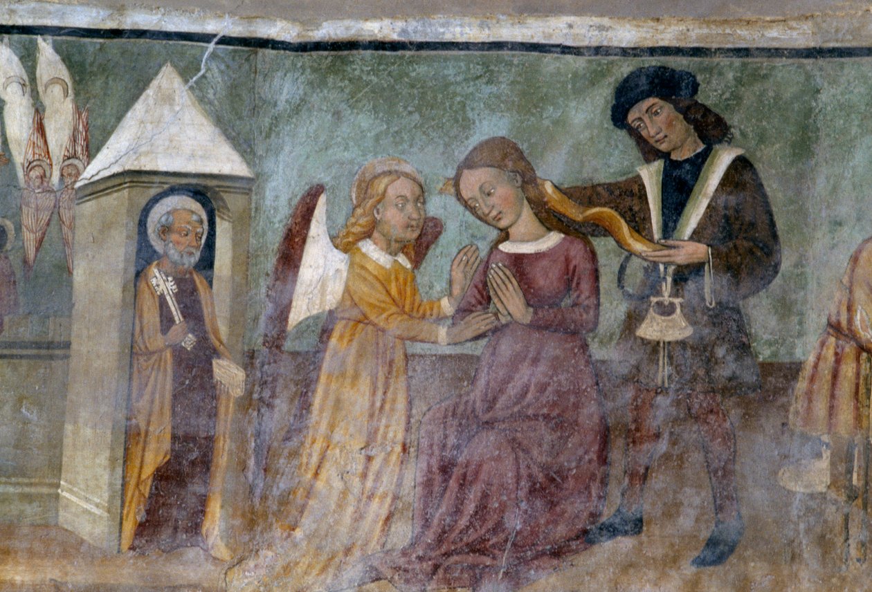 Allegorisk scen, detalj från cykeln som skildrar kavalkaden av laster och dygder, ca 1490, av Bartolomeo Serra och Sebastiano Serra, fresk, St Stefans kapell, Giaglione, Piemonte, Italien av Bartolomeo and Serra Sebastiano Serra
