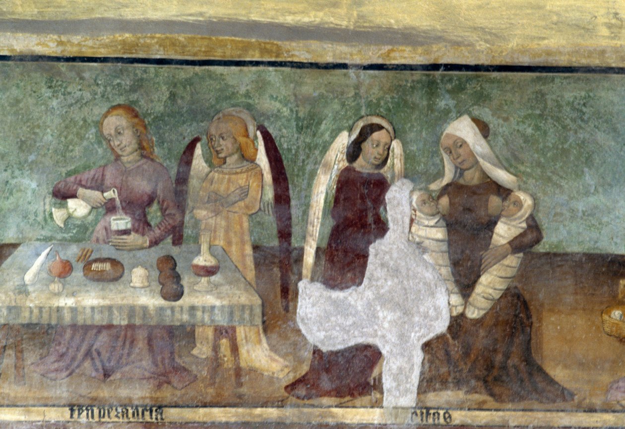 Allegorisk scen, detalj från cykeln som skildrar kavalkaden av laster och dygder, ca 1490, av Bartolomeo Serra och Sebastiano Serra, fresk, St Stefans kapell, Giaglione, Piemonte, Italien av Bartolomeo and Serra Sebastiano Serra