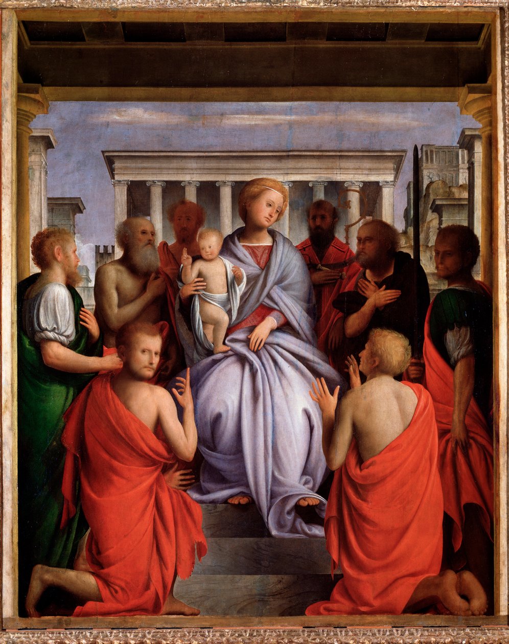 Madonna col Bambino e otto santi (Jungfru och barn med åtta heliga, Madonna och barn med åtta heliga) Målning av Bartolommeo Suardi sa Bramantino (1465-1530) 1515-1520 Dim 214x104 cm Florens, Palazzo Pitti av Bartolomeo Suardi Bramantino
