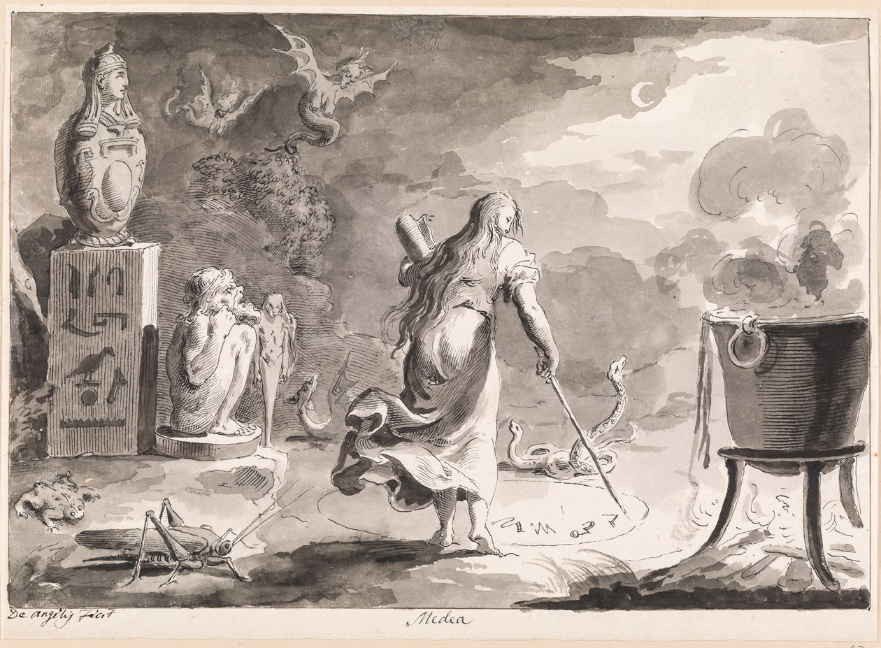 Medea. En kvinna med ryggen vänd, mellan reptiler, havsdjur, en häxgryta och egyptiska gudar, skriver på natten trolldomsrunor i en cirkel på marken. av Bartolomeo d