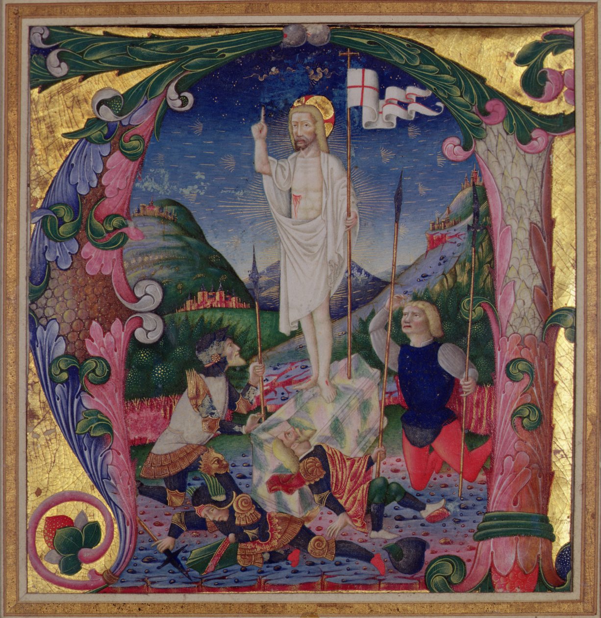 Historikerad initial A som visar Kristi uppståndelse, Lombardiets skola av Bartolomeo de Rigossi da Gallarate attr. to Bartolomeo de Rigossi da Gallarate attr. to