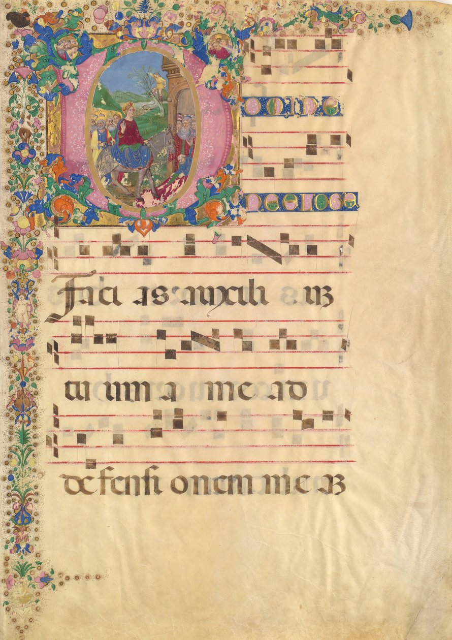 Manuskriptblad med inträde i Jerusalem på palmsöndagen i ett initialt D..., 1400-1500-talet. av Bartolomeo di Domenico di Guido