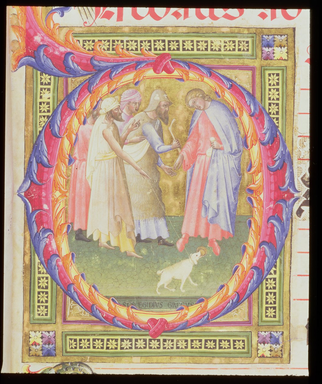 Ms 518 f.1r Historikerad initial O som föreställer Tobias och ängeln av Bartolomeo di Frusino