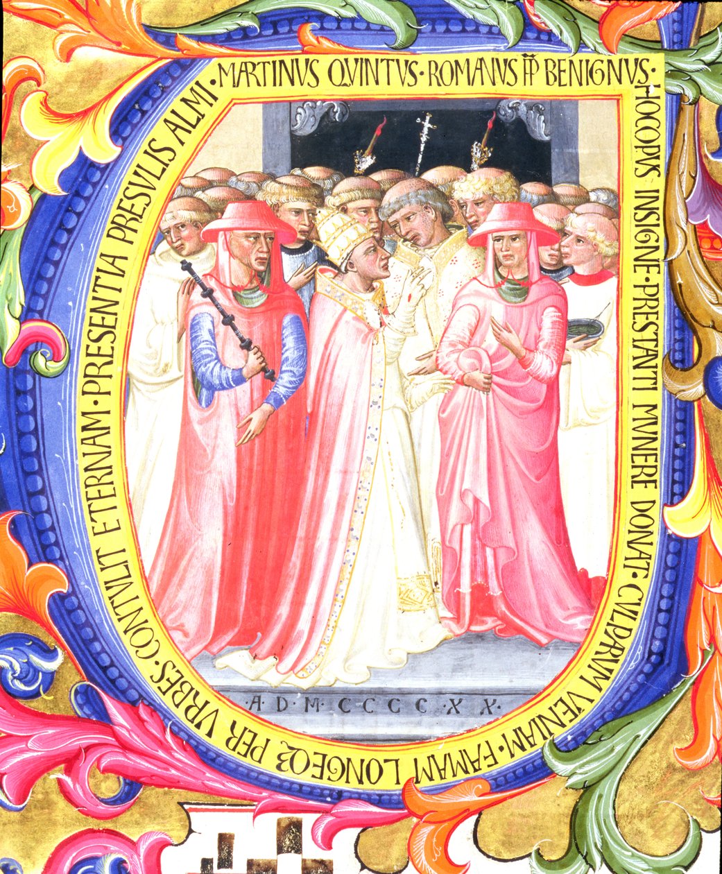 Ms 557 f.61v Historikert initial U föreställande påven Martin V 1368-1431 som koncentrerar kyrkan Sant. Egidio, från en antifonal från San Marco e Cenacoli 1420 velängdetalj av 100098 av Bartolomeo di Frusino
