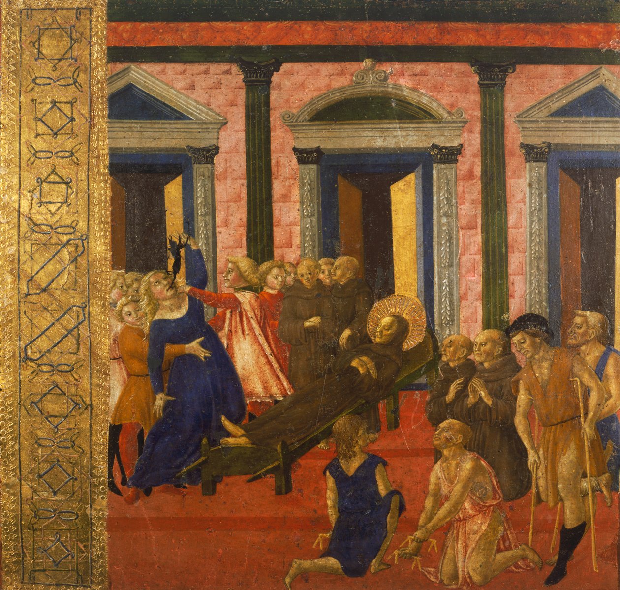 San Bernardino exorcierar en besatt kvinna, av Neroccio di Bartolomeo (1447-1500), målning, Palazzo Pubblico (Offentliga palatset), Siena, Italien. av Bartolomeo di Neroccio