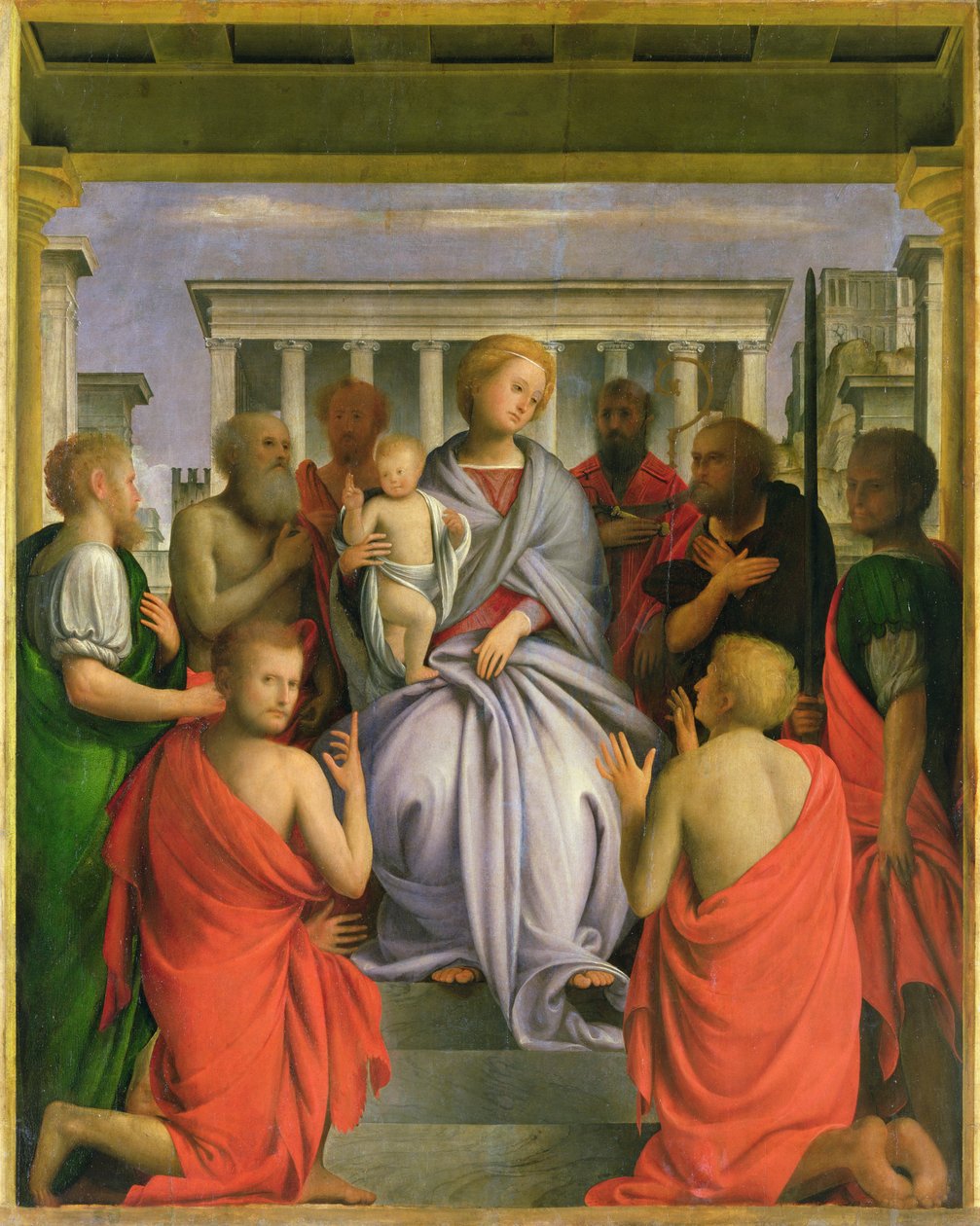 Madonna och barn med åtta heliga, 1520-talet (tempera på panel) av Bartolommeo Suardi Bramantino
