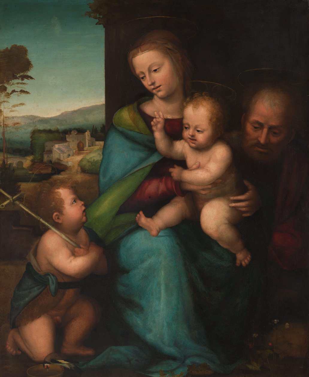 Den heliga familjen med spädbarnet Johannes döparen av Bartolommeo (Fra) (circle of)