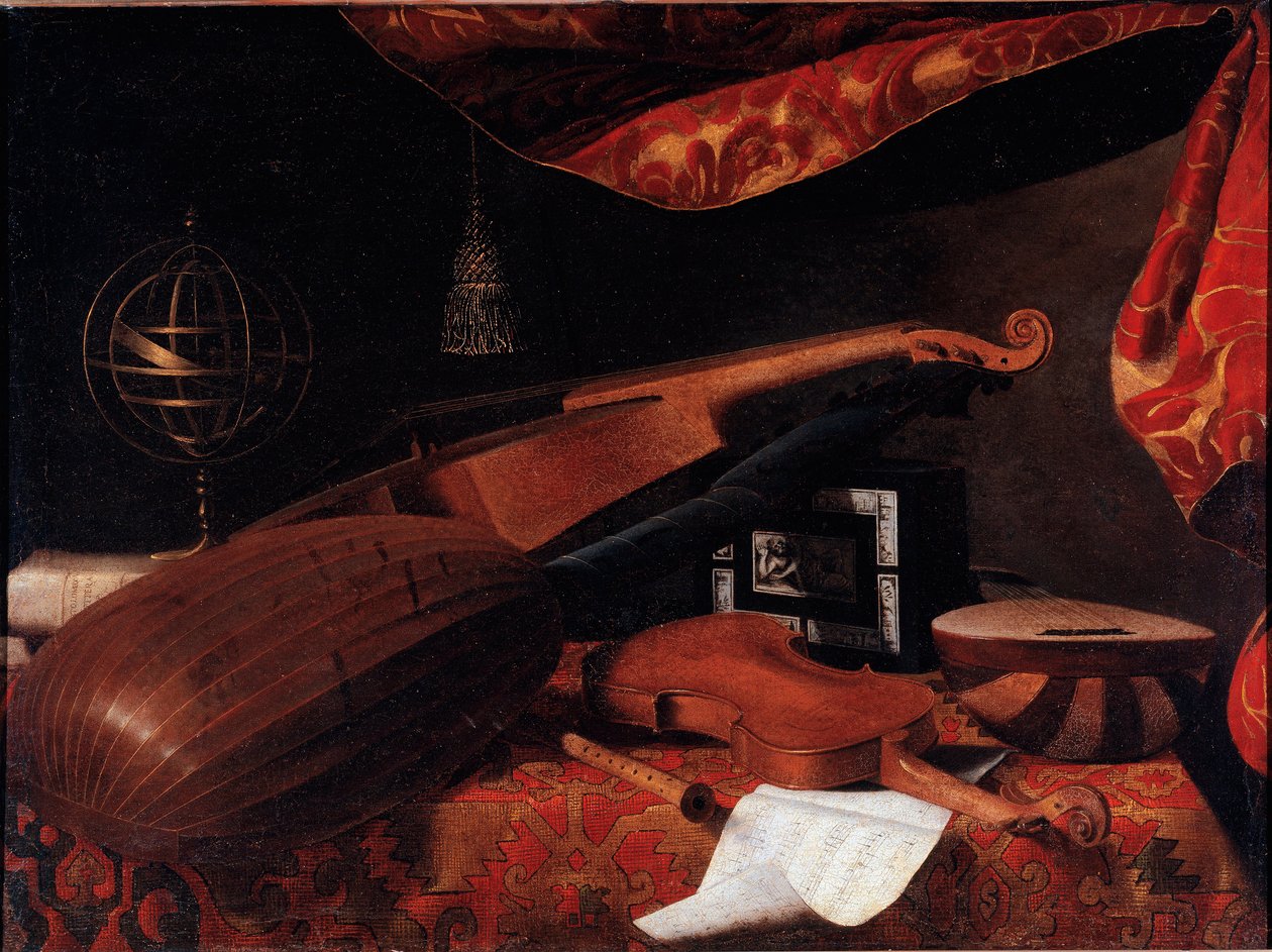 Stilleben med musikinstrument (fiol, luta och spinett och armillarsfär) - Målning av Bartolomeo Bettera (1639-1722), cirka 1660 Olja på duk Mått: 70,5x94,7 cm - Bergamo, Accademia Carrara av Bartolommeo Bettera