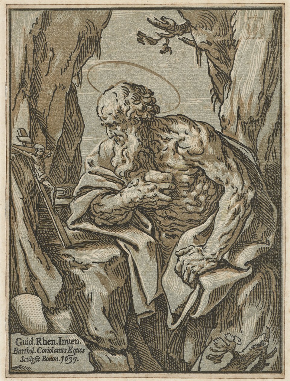 Saint Jerome, efter Guido Reni, 1637 (chiaroscuro träsnitt från tre block på lagt papper) av Bartolommeo Coriolano