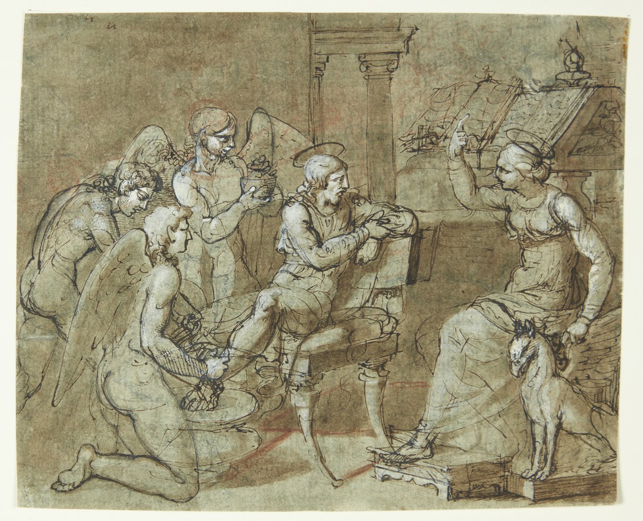 Ett manligt helgon tvättas och vårdas av änglar när han lyssnar på ett kvinnligt helgon som sitter framför en talarstol och pekar uppåt. St. Sebastian på St. Irene? av Bartolommeo Letterini