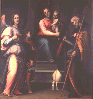 Madonna och barn med de heliga Augustinus, Tobias och ärkeängeln Rafael av Bartolommeo Sogliani