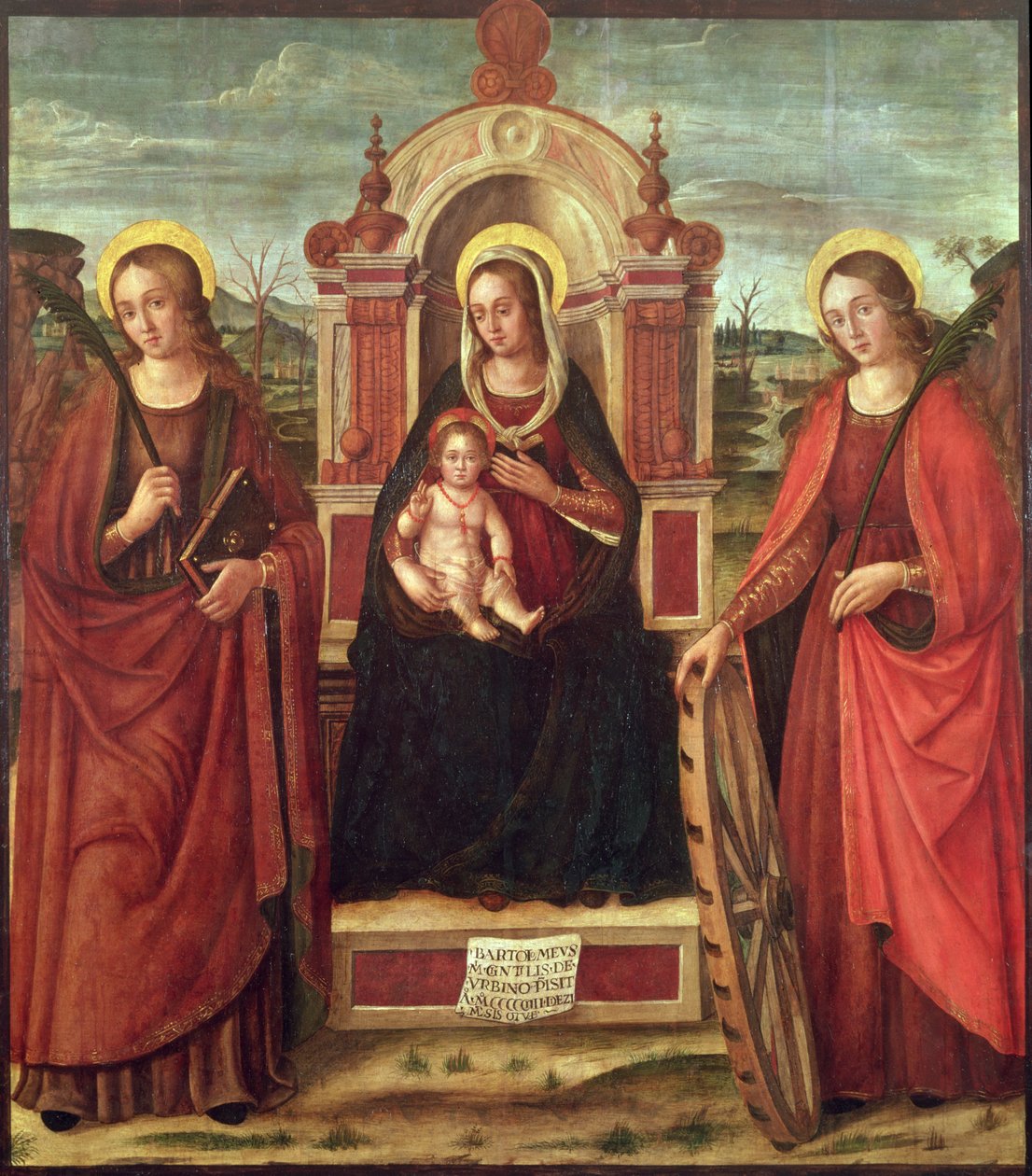 Madonna och barn med den heliga Katarina av Alexandria och en helig kvinnlig martyr (panel) av Bartolommeo de Gentile de Urbino