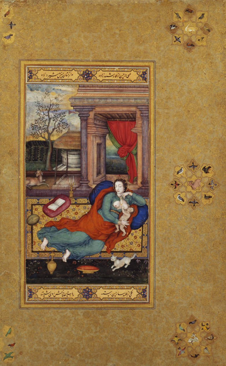 The Virgin and Child, 1590, albumsida c.1610 (ogenomskinlig wc och guld på papper) av Basawan