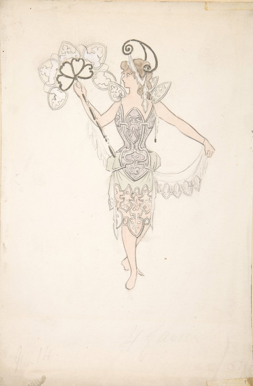 Kostymdesign för dam med fläkt, 1890-99. av Basil Crage
