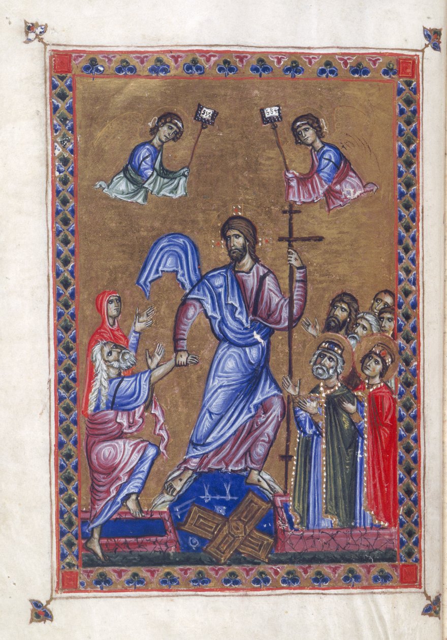 Egerton 1139, f.9v Harrowing of Hell, illustration från 
