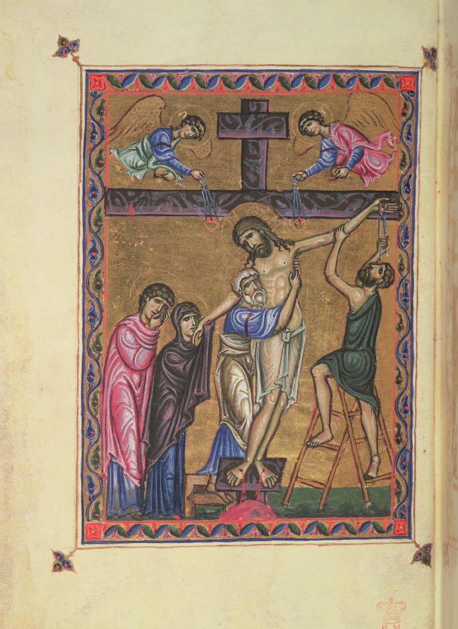 Nedstigningen från korset, fol. 8b från MS Egerton 1139, drottning Melisendes psalter, Jerusalem av Basilius Basilius