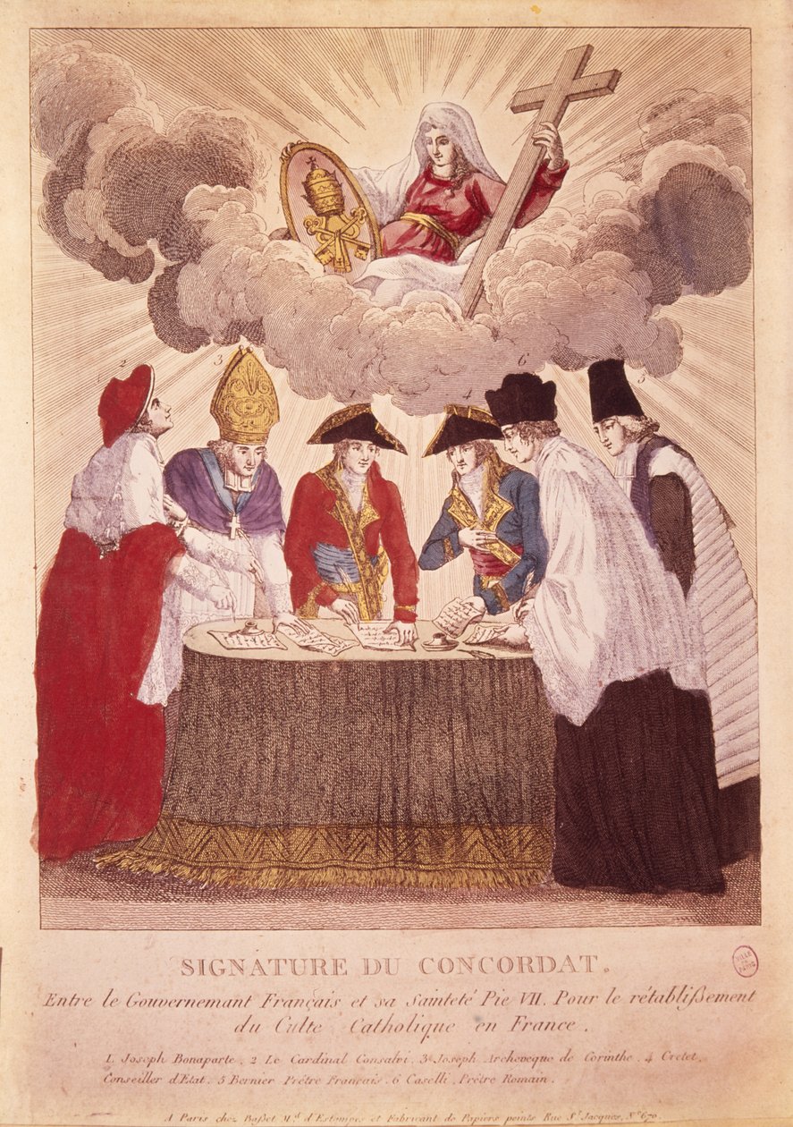 Undertecknande av konkordatet mellan Napoleon och påven Pius VII, 15 juli 1801 (kopparstick) av Basset