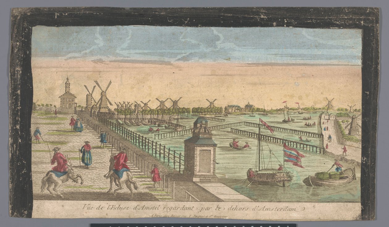 Utsikt över Hogesluis mot Buiten-Amstel, Amsteldijk och kvarnarna vid Zaagmolensloot i Amsterdam Vue de l