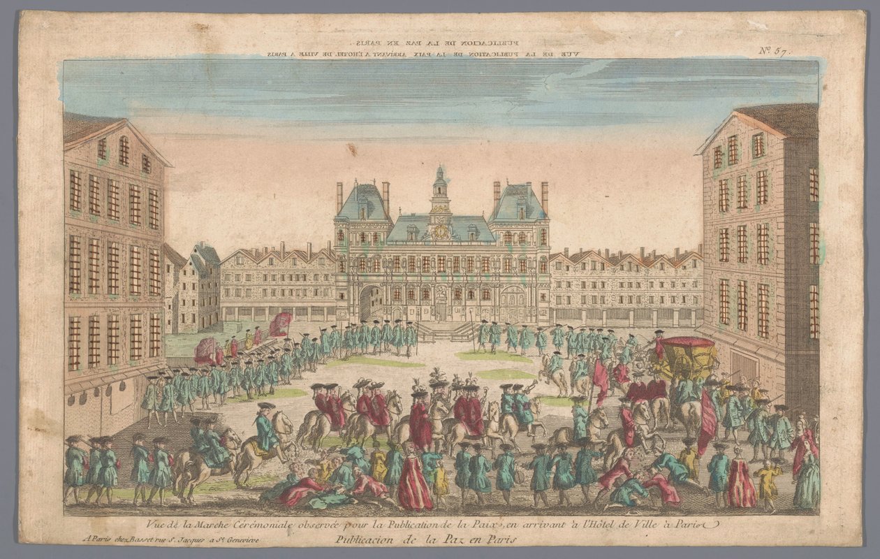Utsikt över stadshuset i Paris med en procession som förkunnar fred Publicacion de la paz en Paris (titel på objekt) av Basset