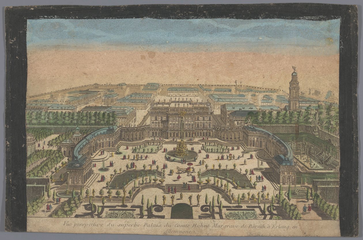 Utsikt över markgreven av Bayreuths palats i Erlang Vue perspective du superbe palais du comte hoheit margrave de Bareith à Erlang en Allemagne (titel på objekt) av Basset