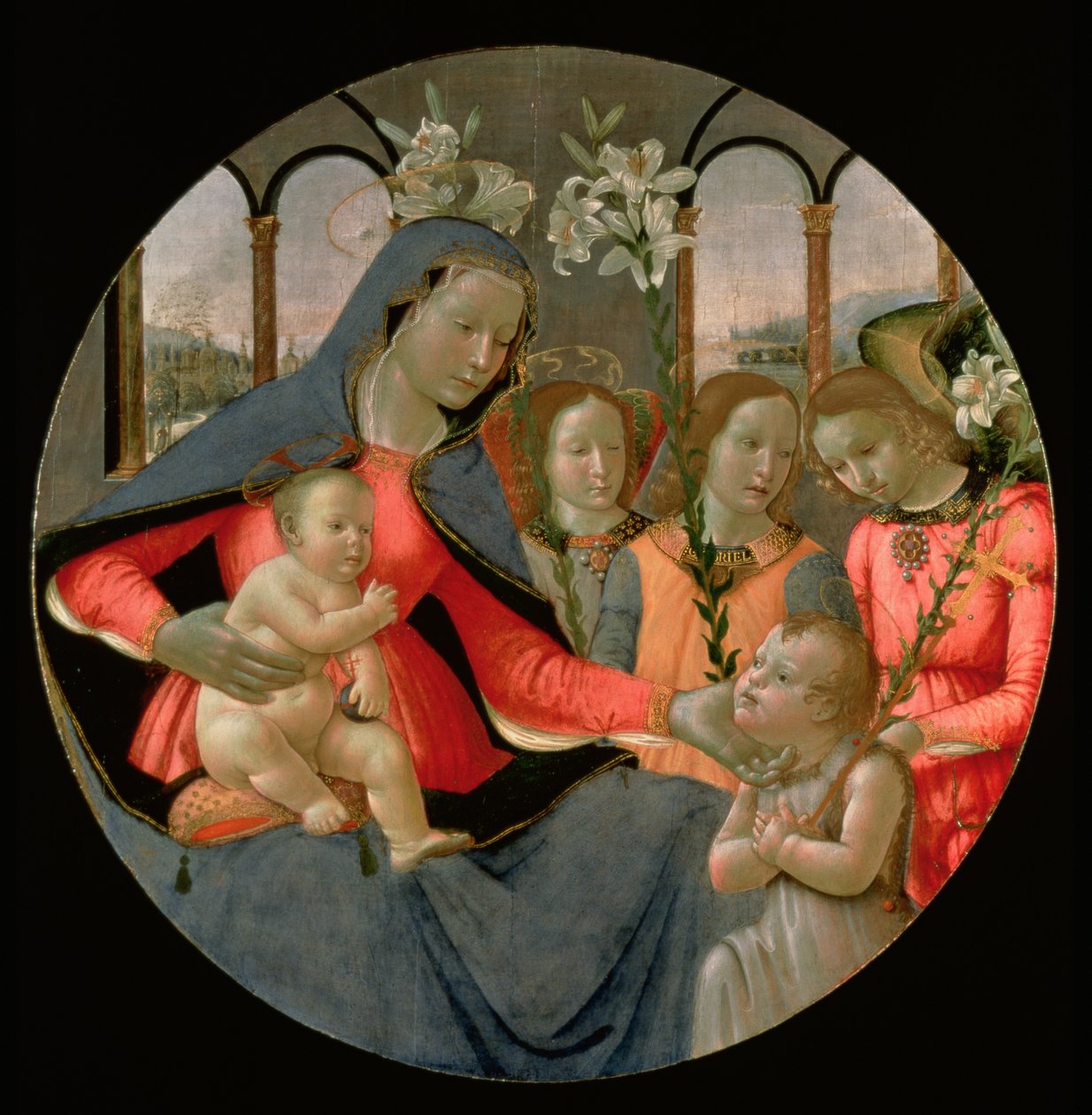 Jungfru och barn med Johannes Döparen och de tre ärkeänglarna, Rafael, Gabriel och Mikael (tempera på panel) av Bastiano Mainardi