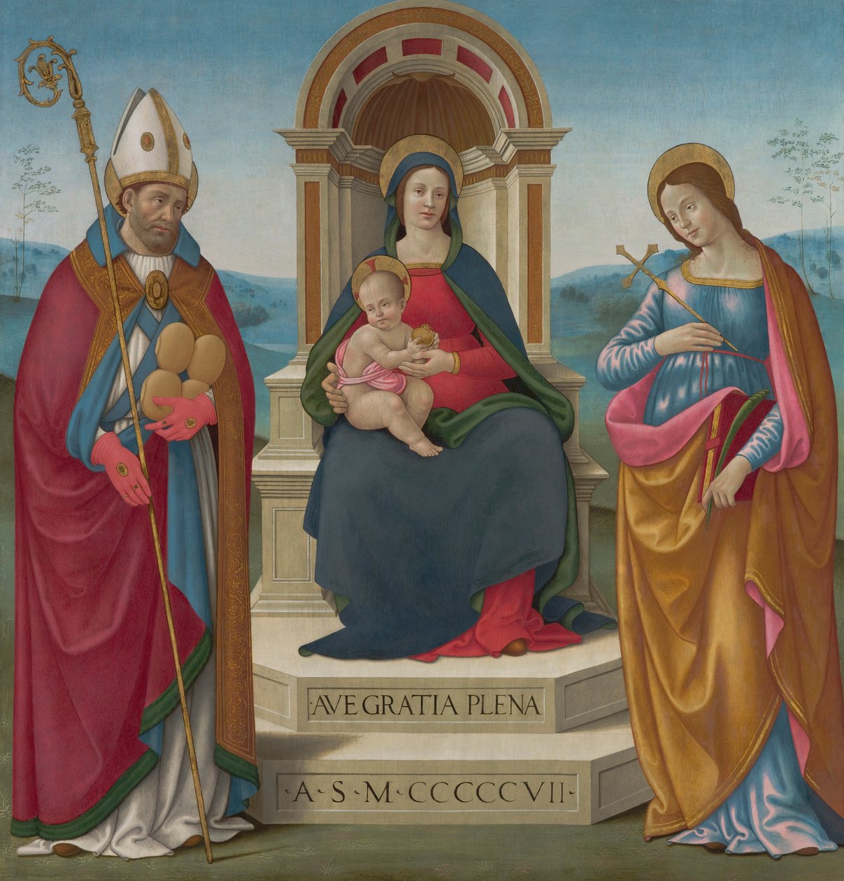 Madonna och barn med St Justus av Volterra och St Margaret av Antiochia av Bastiano Mainardi