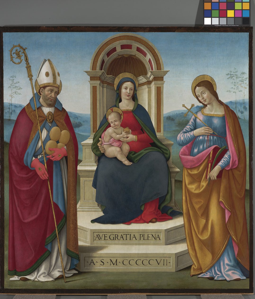 Madonna med barn och S:t Justus av Volterra och S:ta Margareta av Antiokia av Bastiano Mainardi