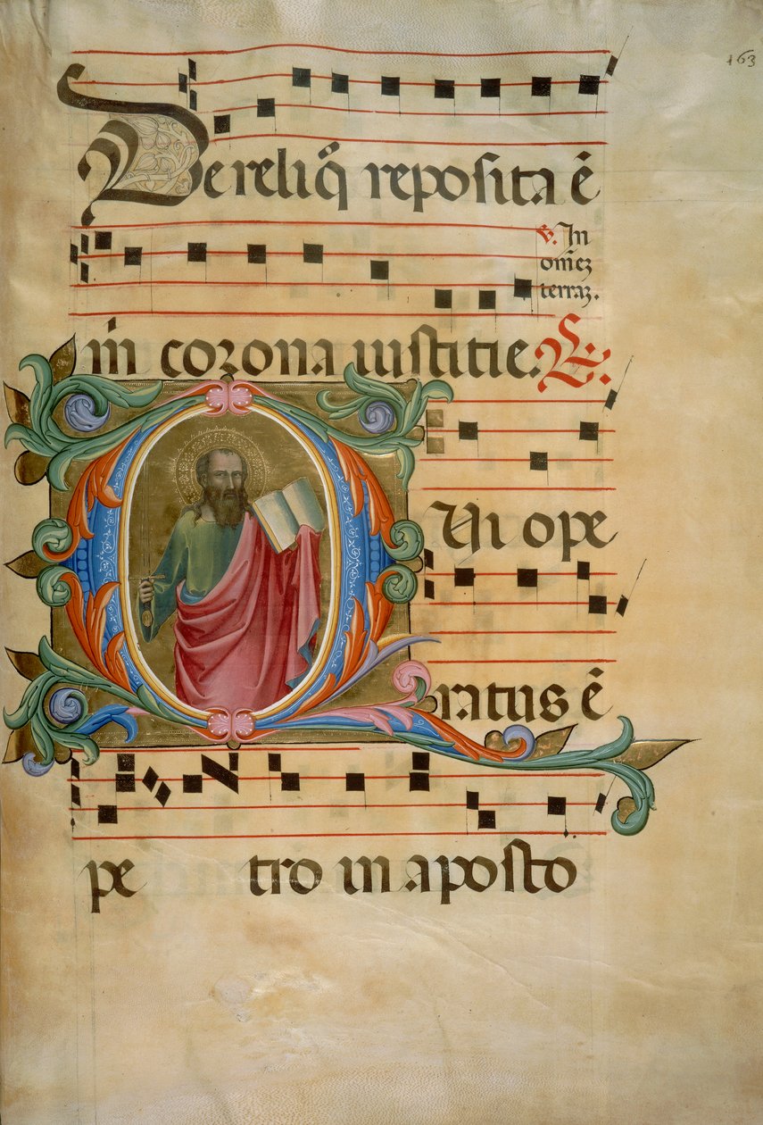 Upplyst initial med Saint Pauls gestalt (Corale 8, ca 163), för körbok 8 av Santa Maria degli Angeli av Batrolomeo di Fruosino