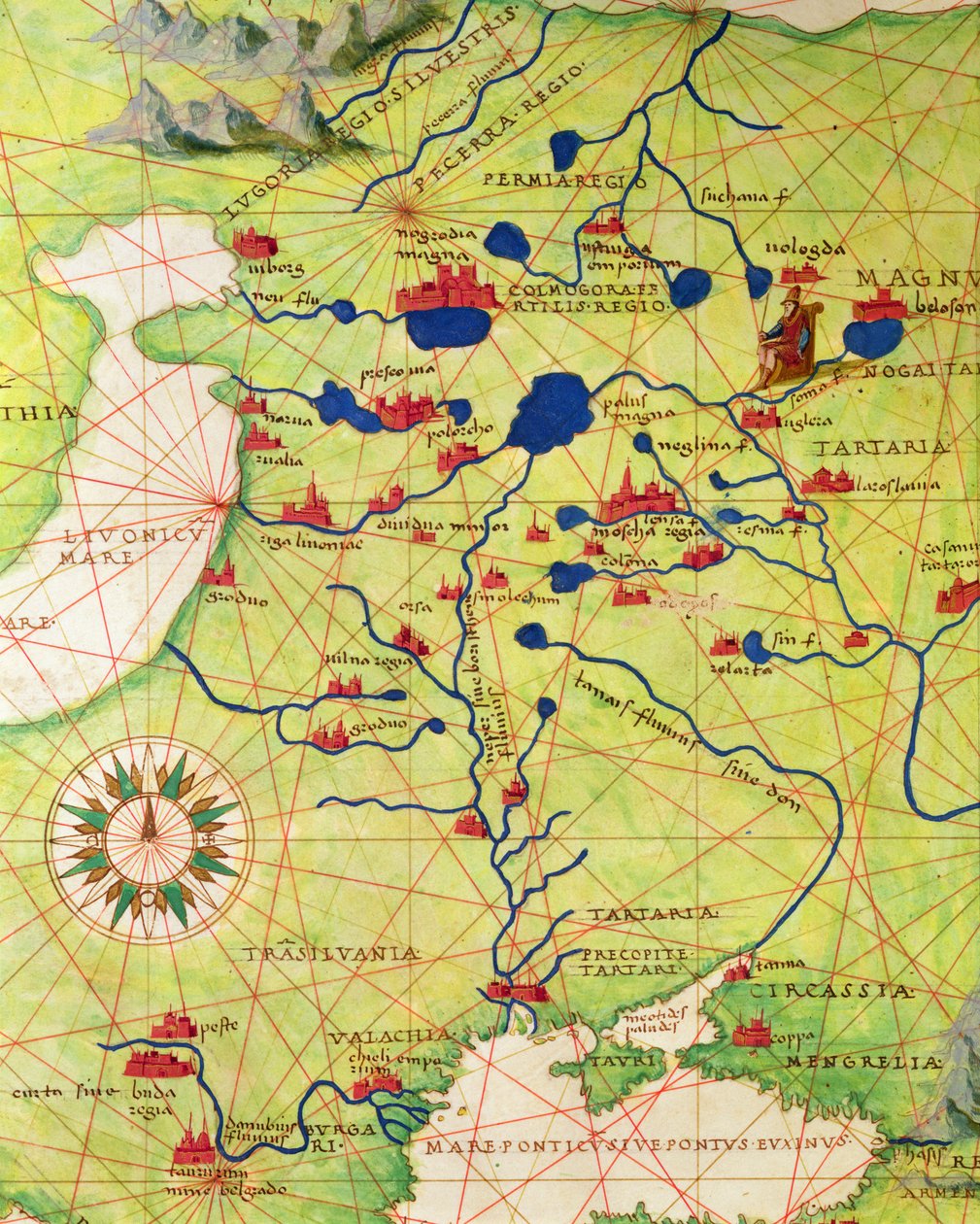 Detalj från Europa och Centralasien, från en världsatlas i 33 kartor, Venedig, 1 september 1553 (bläck på veläng) (se även 330953) av Battista Agnese