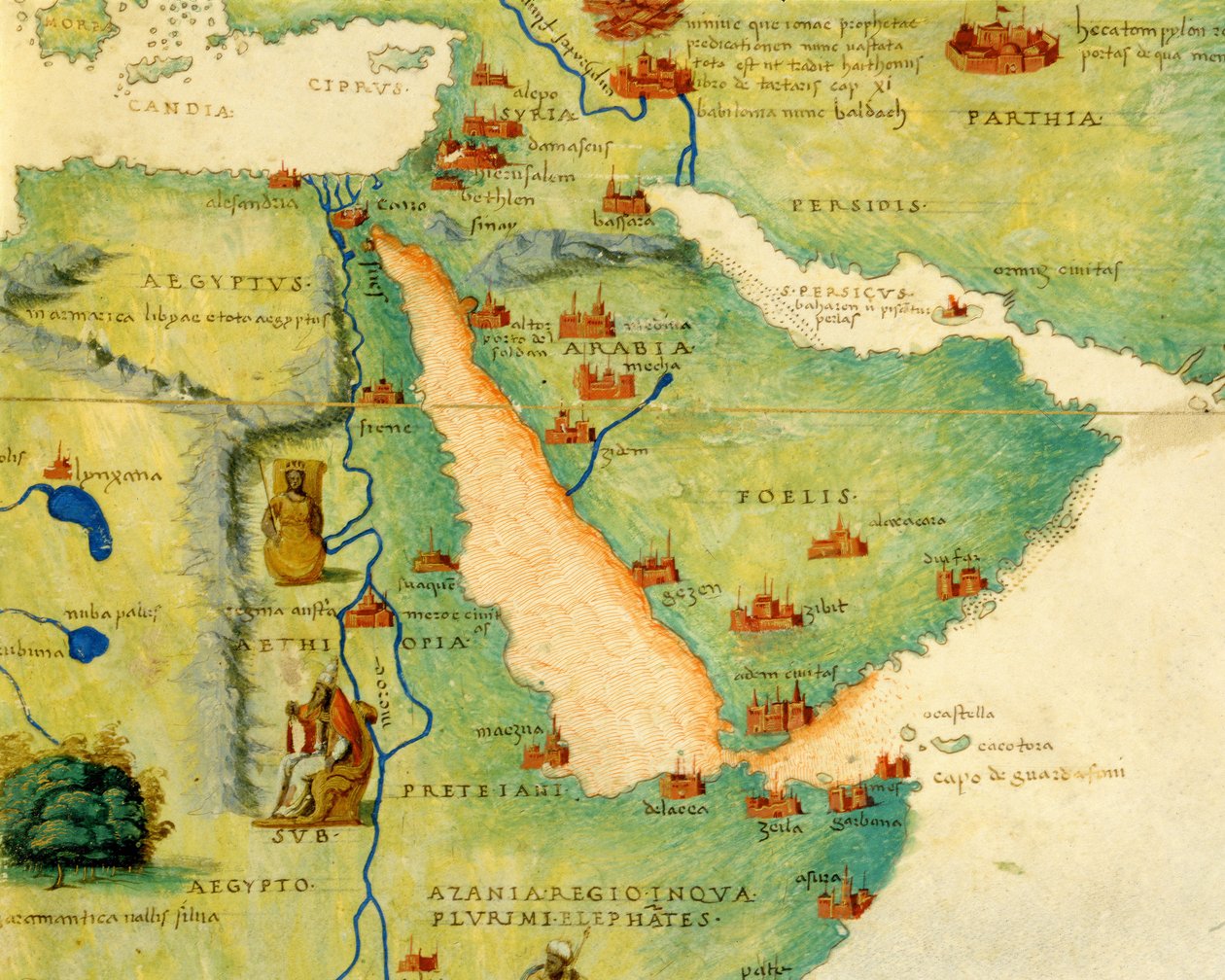 Etiopien, Röda havet och Saudiarabien, från en atlas över världen i 33 kartor, Venedig, 1 september 1553 (bläck på veläng) (detalj från 330946) av Battista Agnese